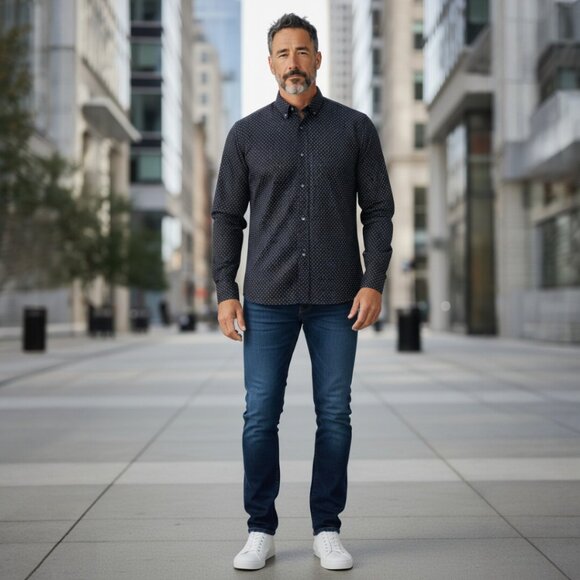 100% Cotton Beverly Hills Polo Club Men's Dress Shirt - L. Black w/ Polkadots - Picture 2 of 6